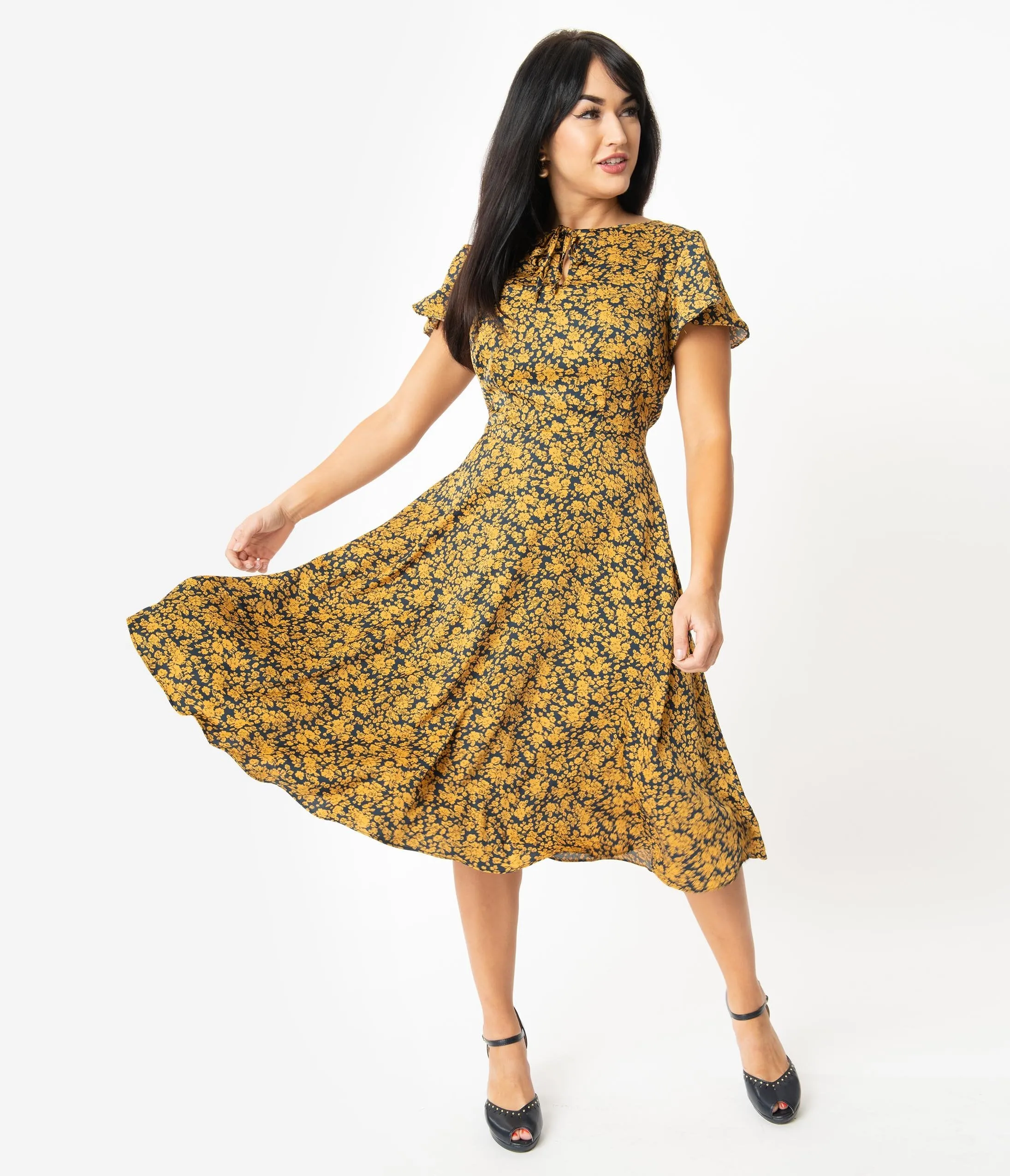 Unique Vintage 1940s Navy & Mustard Floral Formosa Swing Dress