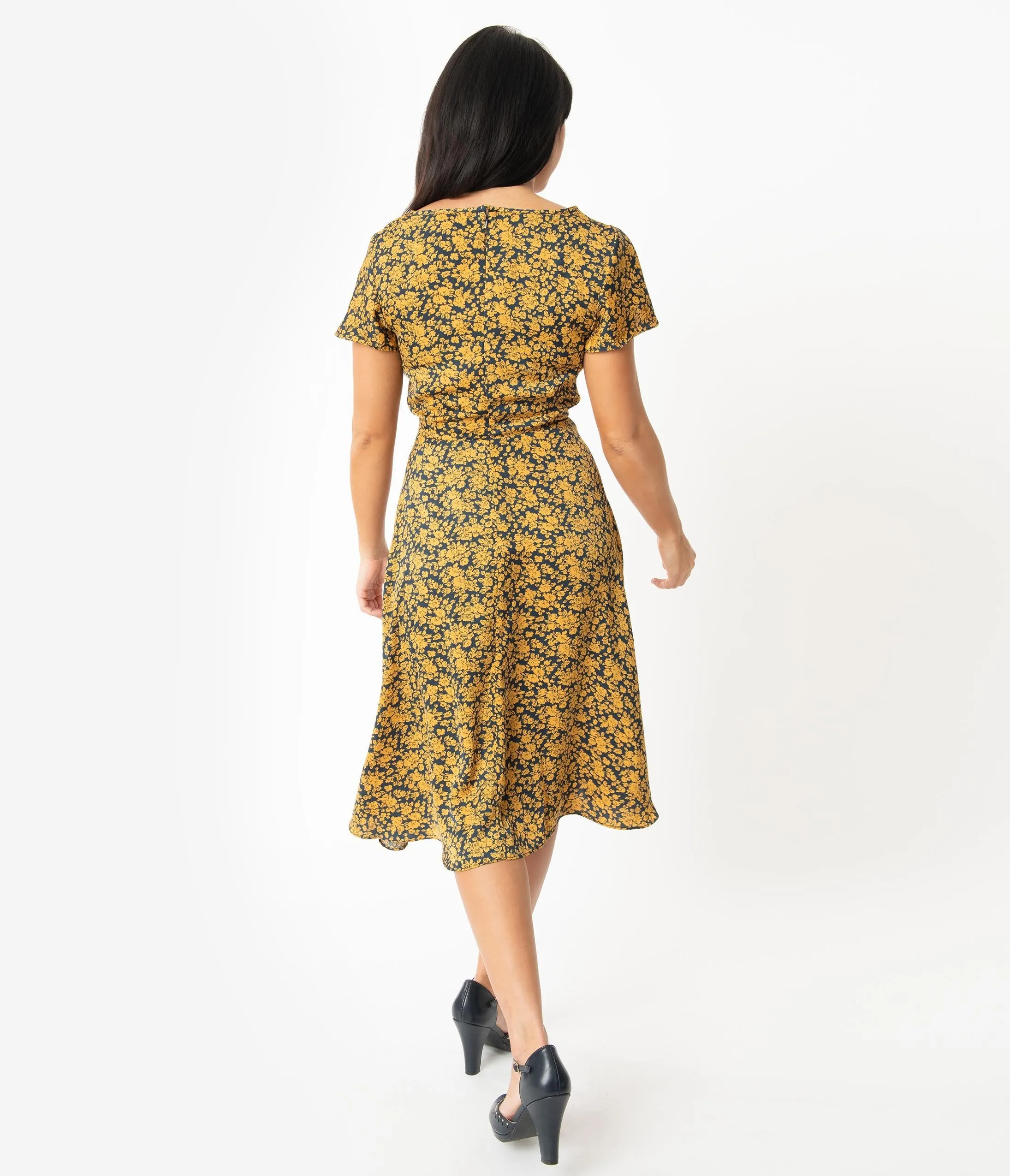 Unique Vintage 1940s Navy & Mustard Floral Formosa Swing Dress