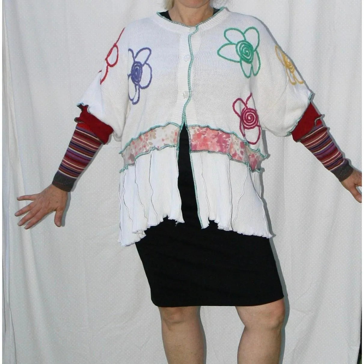 Vegan Cotton Knit Cardigan Sweater Jumper With Whimsical Embroidered Flowers and Button Neck. White. Size XL or 1XL