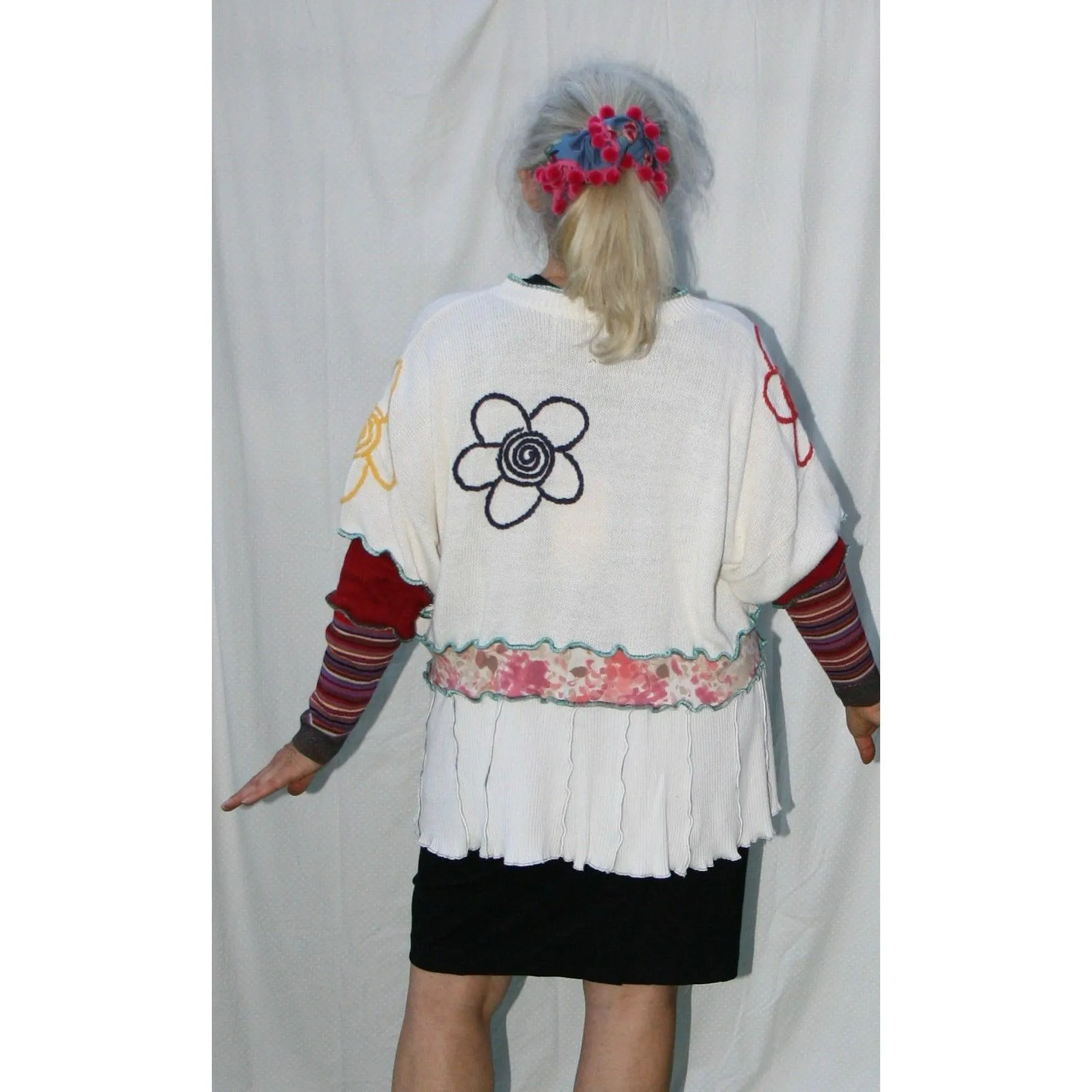 Vegan Cotton Knit Cardigan Sweater Jumper With Whimsical Embroidered Flowers and Button Neck. White. Size XL or 1XL