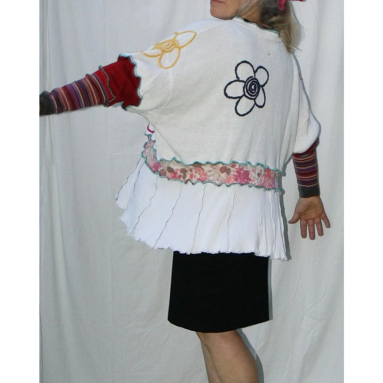 Vegan Cotton Knit Cardigan Sweater Jumper With Whimsical Embroidered Flowers and Button Neck. White. Size XL or 1XL