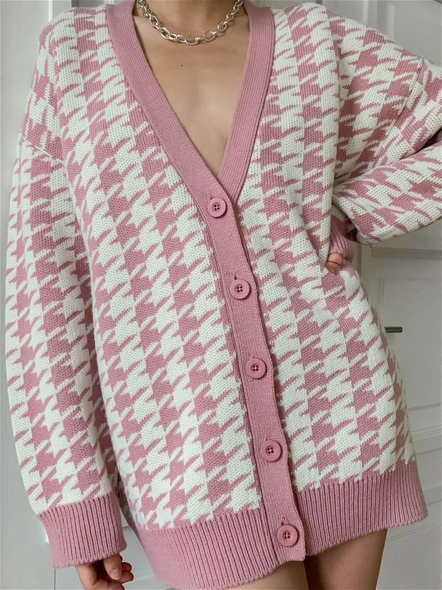 Women V Neck Knitting Plaid Long Sleeves Cardigan Overcoat