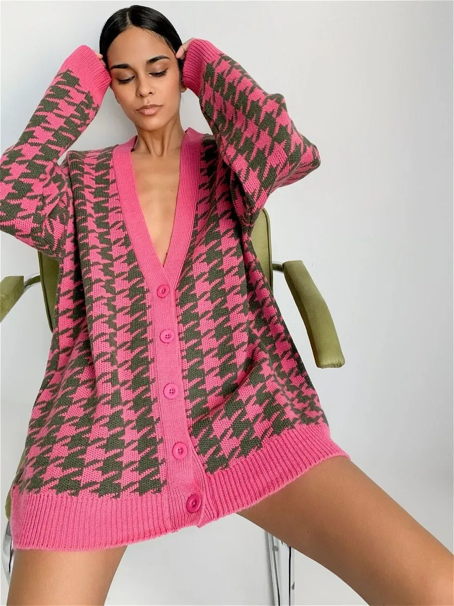 Women V Neck Knitting Plaid Long Sleeves Cardigan Overcoat