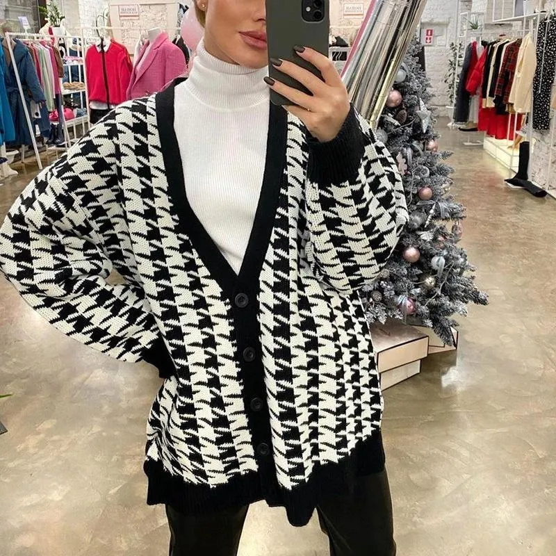 Women V Neck Knitting Plaid Long Sleeves Cardigan Overcoat