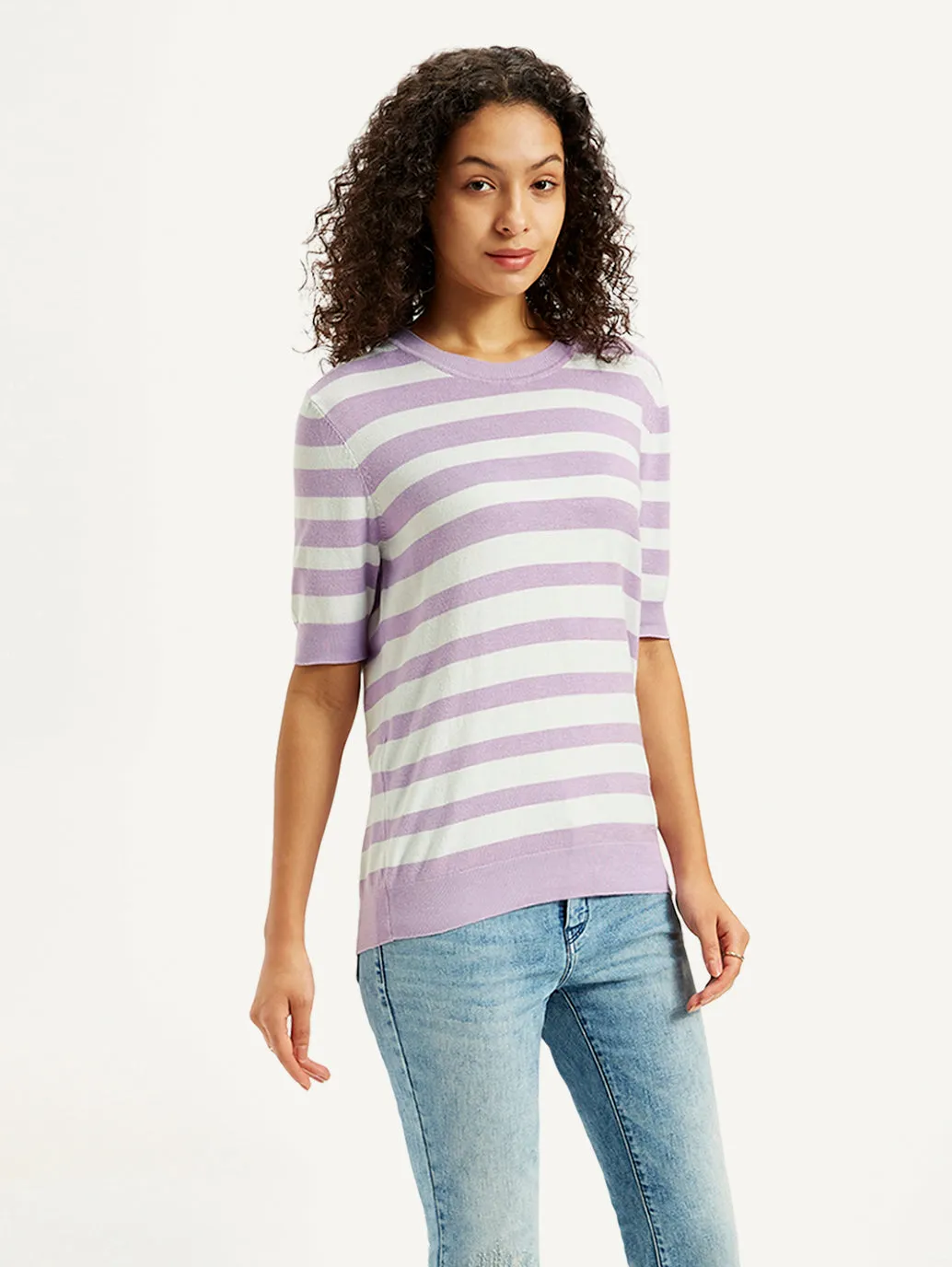 Women's Striped Lavender Crew Neck Sweater